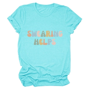 Detail of teal cotton T-shirt featuring colorful SWEARING HELPS bubble font text print