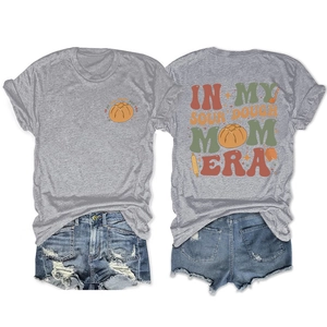 Front and back detail of grey t-shirt with sourdough mom era print and denim shorts