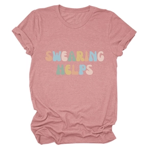 Detailed view of Heather Pink T-shirt with Swearing Helps colorful bubble font print