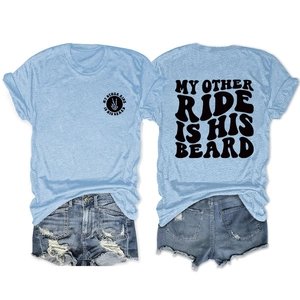 Detail view of cotton t-shirt with My Other Ride Is His Beard back print and denim shorts