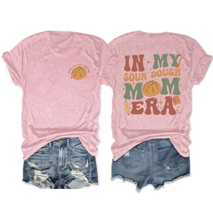 Detailed front and back view of pink t-shirt with sour dough mom era baking print