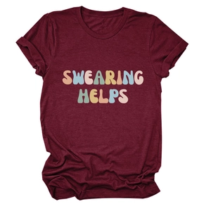 Detail of artistic lettering print on comfortable burgundy crew neck t-shirt
