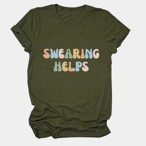 Detail of army green t-shirt featuring vintage Swearing Helps bubble lettering on chest