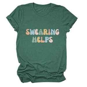 Detail of Swearing Helps typography print on dark green cotton crewneck t-shirt