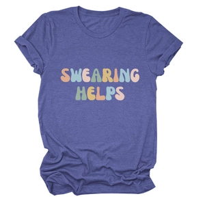 Close-up of the vintage 'SWEARING HELPS' typography on a comfortable crew neck t-shirt