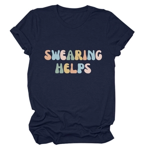 Detailed flat lay of navy blue cotton T-shirt featuring colorful Swearing Helps typography