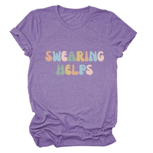 Close-up of colorful bubble letter Swearing Helps print on purple crew neck T-shirt