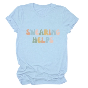 Close-up of light blue cotton t-shirt with colorful bubble lettering swearing helps print