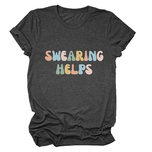 Dark grey crew neck t-shirt with colorful Swearing Helps pop art graphic print