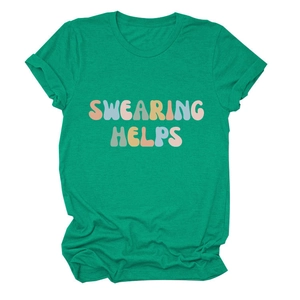 Detail of dark green t-shirt with Swearing Helps colorful graphic print on jersey fabric