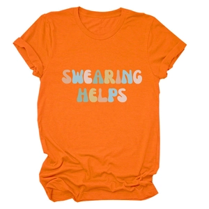 Detail of vintage Swearing Helps graphic print on orange casual crew neck cotton t-shirt