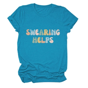 Blue cotton crew neck t-shirt with colorful swearing helps graphic print on front