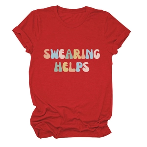Detail of red crewneck T-shirt showing retro bubble text SWEARING HELPS print and texture
