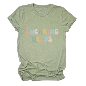 Close-up of Sage Green heathered fabric texture and colorful Swearing Helps text print