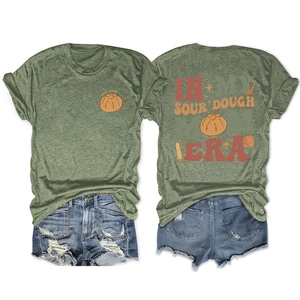 Dark green In My Sourdough Mom Era t-shirt with back print and denim shorts outfit