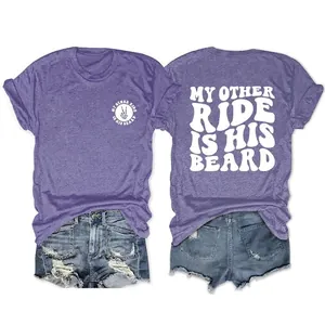 Women Casual Cotton Short Sleeve T-Shirt My Other Ride Is His Beard Letter Print Round Neck Summer Top Loose Fit Clothing