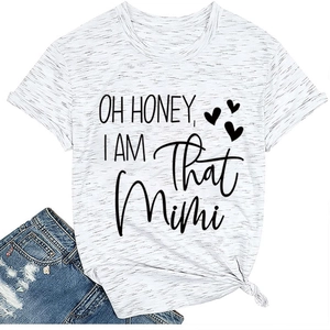 Detail of white cotton T-shirt featuring Oh Honey I Am That Mimi text and knotted hemline