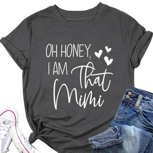 Deep grey t-shirt with Oh Honey slogan print styled with jeans and white sneakers