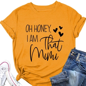Detail of yellow round neck t-shirt with black OH HONEY text and knotted hem design