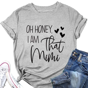 Detail of grey crewneck T-shirt featuring Oh Honey text print and stylish knotted hem