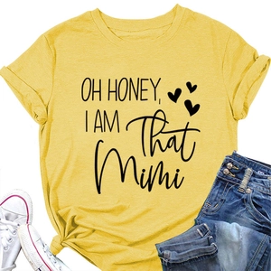 Flat lay of yellow cotton T-shirt with black OH HONEY text and knotted hem detail