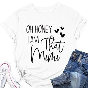 Close-up of white cotton T-shirt with black OH HONEY text print and side knot detail