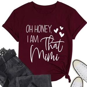 Detail of burgundy Oh Honey I Am That Mimi t-shirt with knotted waist and heart graphics