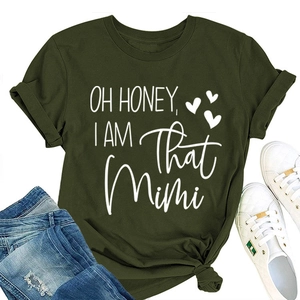 Flat lay of army green cotton T-shirt with 'OH HONEY' slogan and heart pattern details