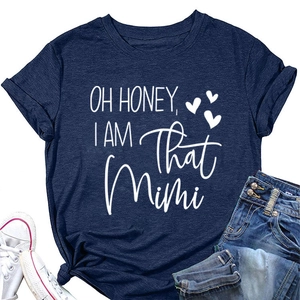 Macro detail of Navy Blue T-shirt showing OH HONEY I AM THAT MIMI print and cotton texture