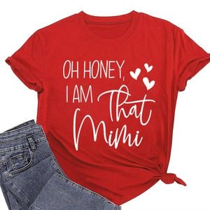 Detail of red cotton T-shirt featuring Oh Honey print and stylish side knot design