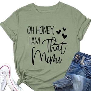 Detail of sage green T-shirt featuring Oh Honey text print and stylish side knot detail