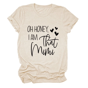 Detail of soft beige T-shirt with black OH HONEY I AM That Mimi print and heart icons
