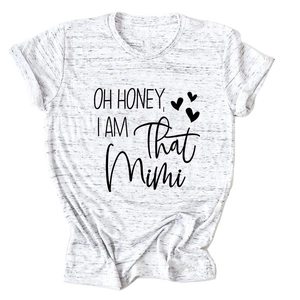 Detail of soft heather grey fabric with black OH HONEY I AM That Mimi text and hearts