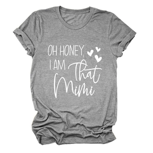 Detail of grey crewneck T-shirt showing OH HONEY I AM That Mimi print and soft cotton texture