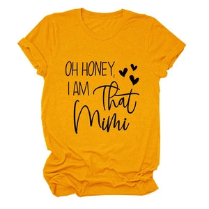 Detail of ginger cotton T-shirt with Oh Honey I Am That Mimi print and rolled cuffs
