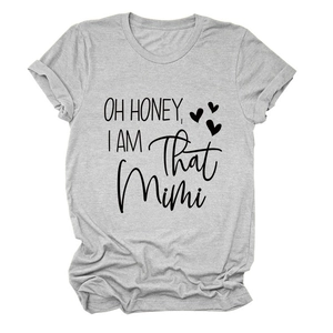 Detail of grey crewneck tee featuring Oh Honey I Am That Mimi slogan and hearts