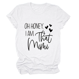 Detail view of the black graphic print and heart pattern on the white cotton T-shirt