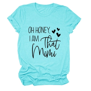 Detail of teal crew neck t-shirt featuring OH HONEY I AM THAT MIMI print and heart icons