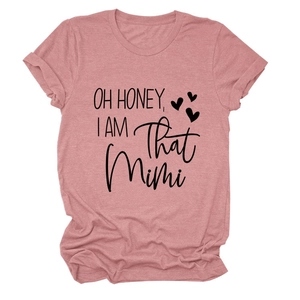 Detail of dusty pink cotton t-shirt with black OH HONEY I AM THAT MIMI print and hearts