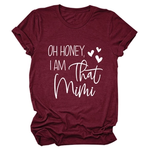 Detail of burgundy T-shirt with white OH HONEY I AM THAT MIMI print and heart patterns