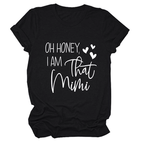 Detailed view of Oh Honey I Am That Mimi slogan print on a black cotton t-shirt