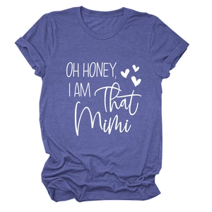 Close-up of purple t-shirt featuring OH HONEY I AM That Mimi text and heart print