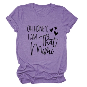 Close-up of Oh Honey I Am That Mimi text print on purple marled cotton t-shirt