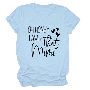 Detail of light blue crew neck T-shirt featuring OH HONEY I AM That Mimi letter print