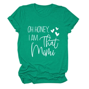 Detail of green round neck T-shirt with white OH HONEY I AM THAT MIMI print and heart icons
