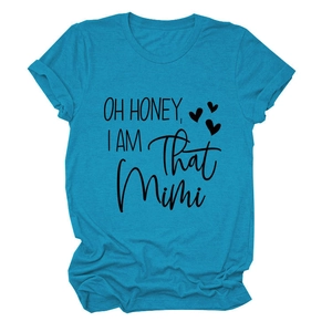 Detail of teal cotton T-shirt featuring OH HONEY I AM THAT MIMI print and heart design