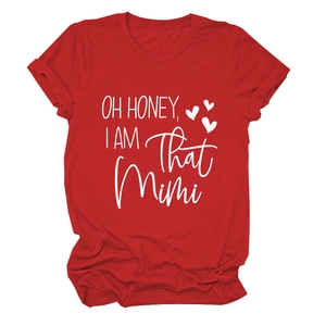 Detail of red T-shirt showing OH HONEY I AM THAT MIMI white text and soft cotton texture
