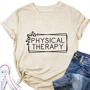 Flat lay of oatmeal T-shirt with Physical Therapy leopard print and blue jeans