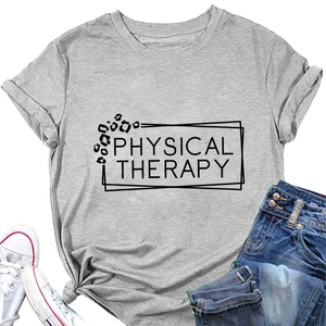 Flat lay of gray Physical Therapy cotton T-shirt with leopard print and denim jeans