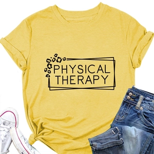Detail of Physical Therapy print on yellow cotton t-shirt with leopard spot accents